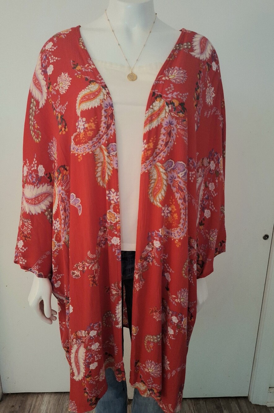 Kaileigh Red Floral Paisley Kimono Scarf Top